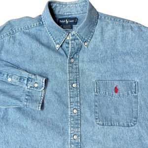 VTG Ralph Lauren Denim Big Shirt Men's Size XL Blue Pony Oversized Boxy Button